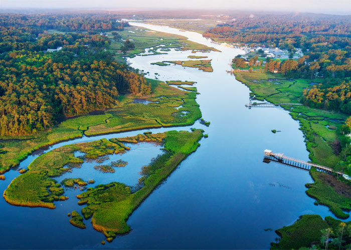 Aerial view of the Calabash River winding through coastal marshlands near Kingfish Bay in North Carolina