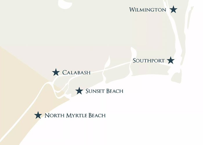 Map showing Calabash and Sunset Beach near Wilmington, Southport, and North Myrtle Beach along the southeastern North Carolina coast